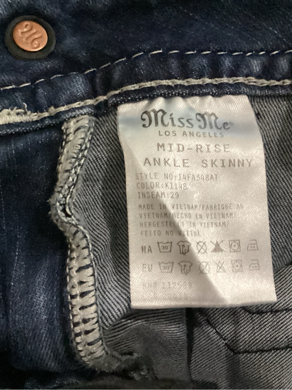 Miss Me Women's Dark Wash Mid Rise Ankle Skinny Jeans - Size 29 x 29 - Picture 5 of 5